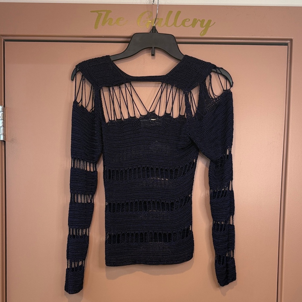 Bec & Bridge Black Cut Out Off-Shoulder Crochet Sweater